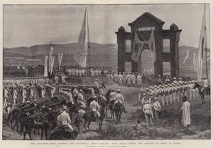 Het Japanse leger passeert de triomfboog opgericht nabij Seoul na de overwinning bij Asan, in Korea